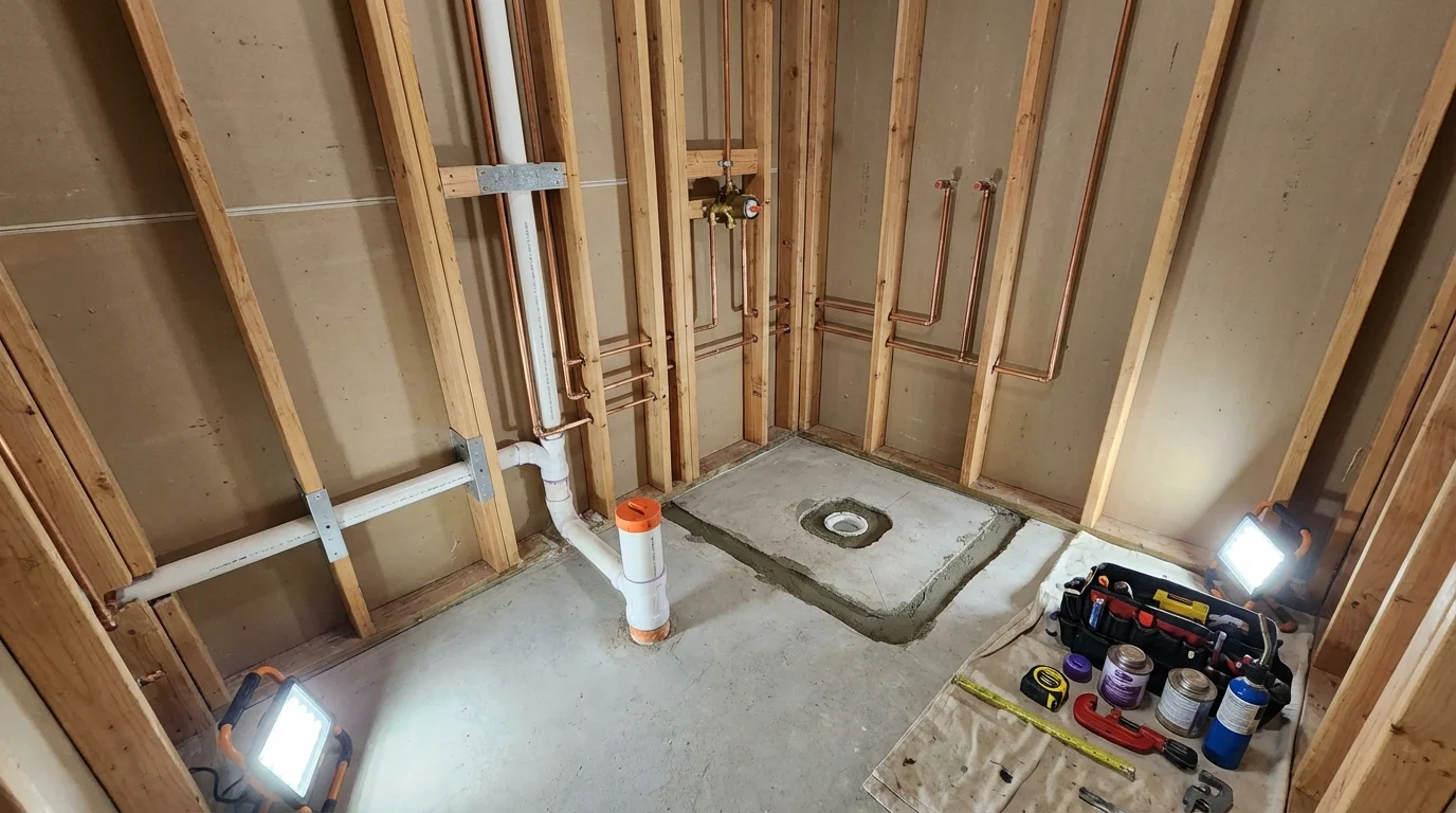Bathroom rough-in plumbing during remodel by Johns Plumbing LLC in Goodwater