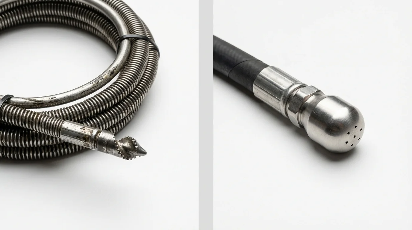 Drain snake cable and hydro jetting nozzle used for drain cleaning in Goodwater, AL