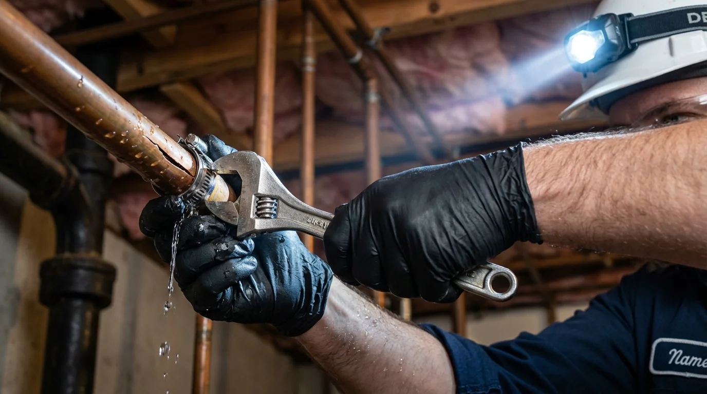 Emergency pipe clamp repair being performed by a Johns Plumbing LLC plumber in Goodwater