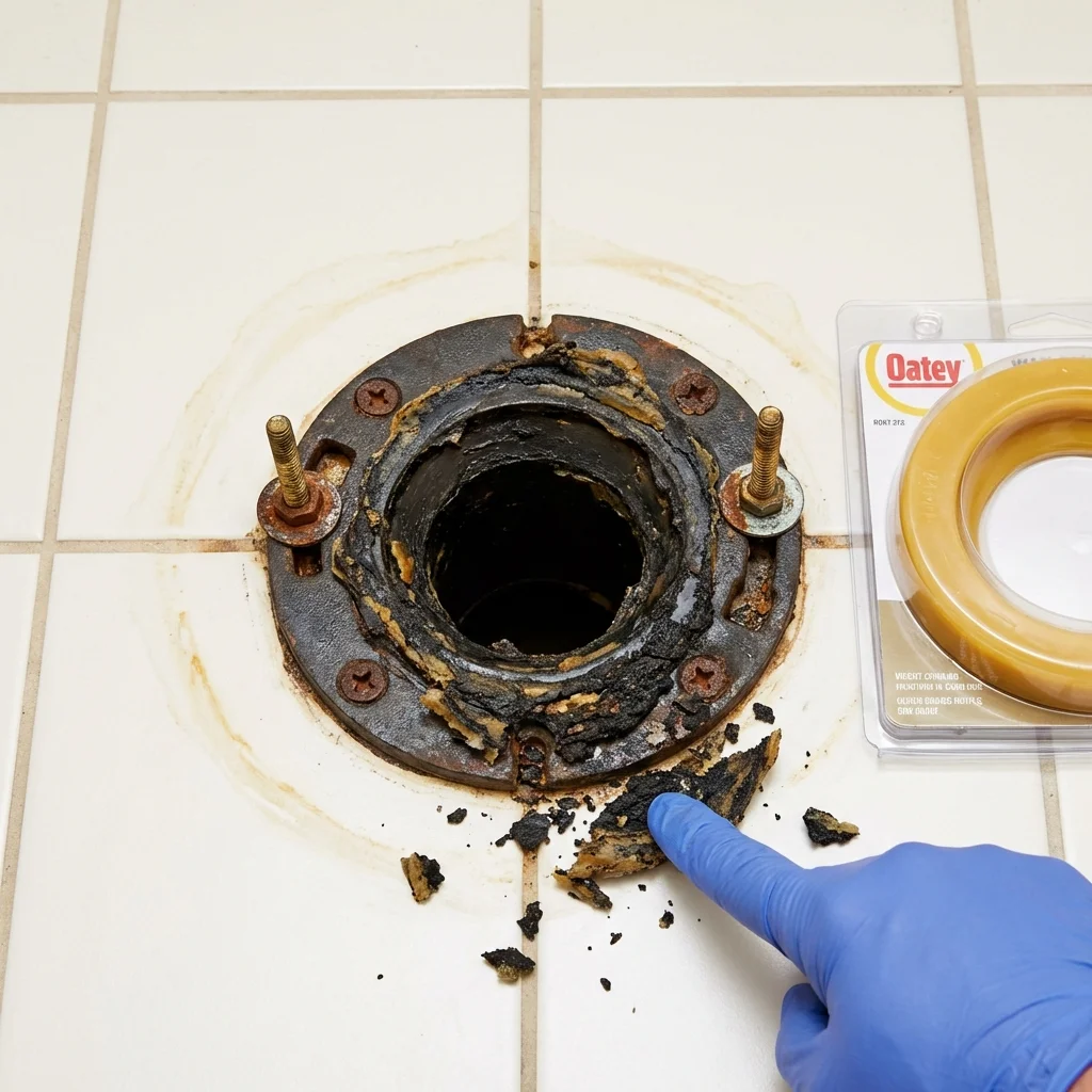 Failed wax ring showing water seepage at the base of a toilet in a Goodwater, AL home